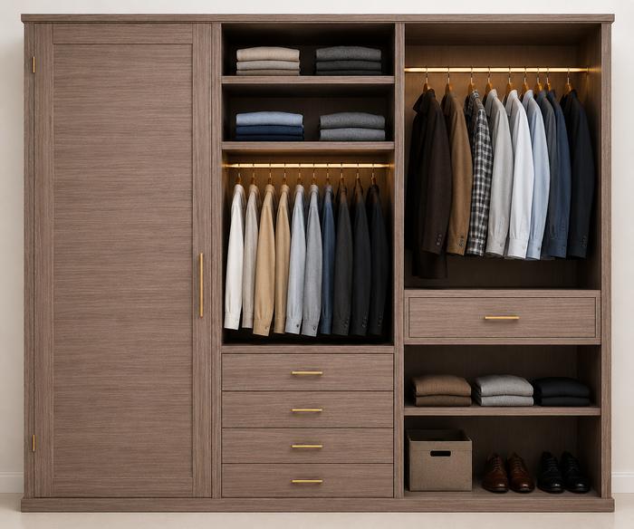 Dressing gris avec penderie et rangements