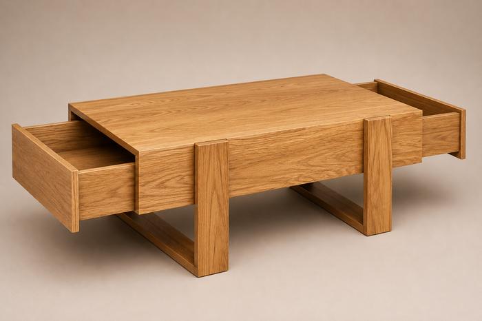 Table basse avec tiroirs, finition bois clair