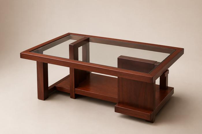 Table basse avec plateau en verre et bois massif